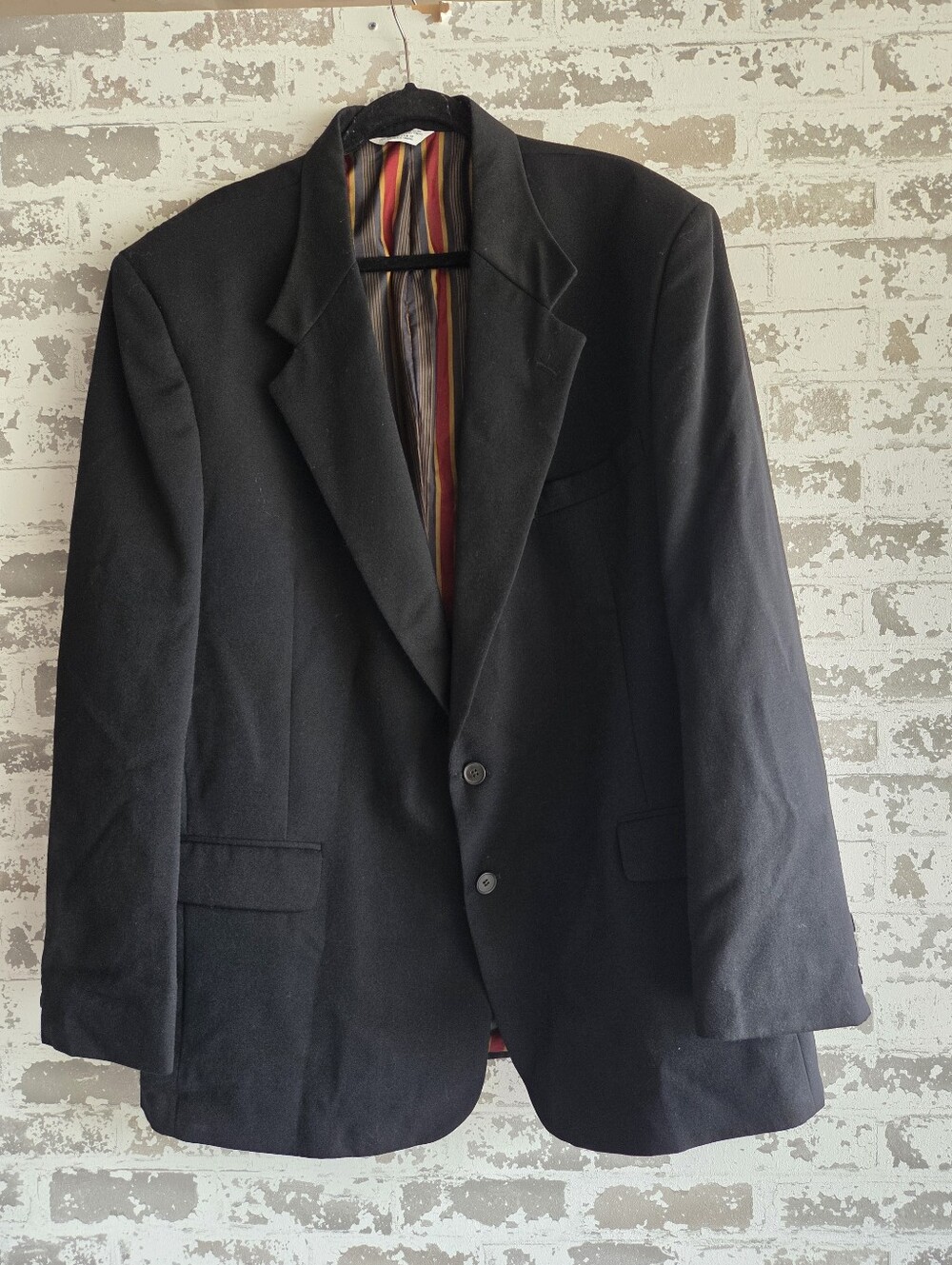Hunting Horn J. Riggins Mens Black Wool Blazer Sport Coat 48L Striped Lining